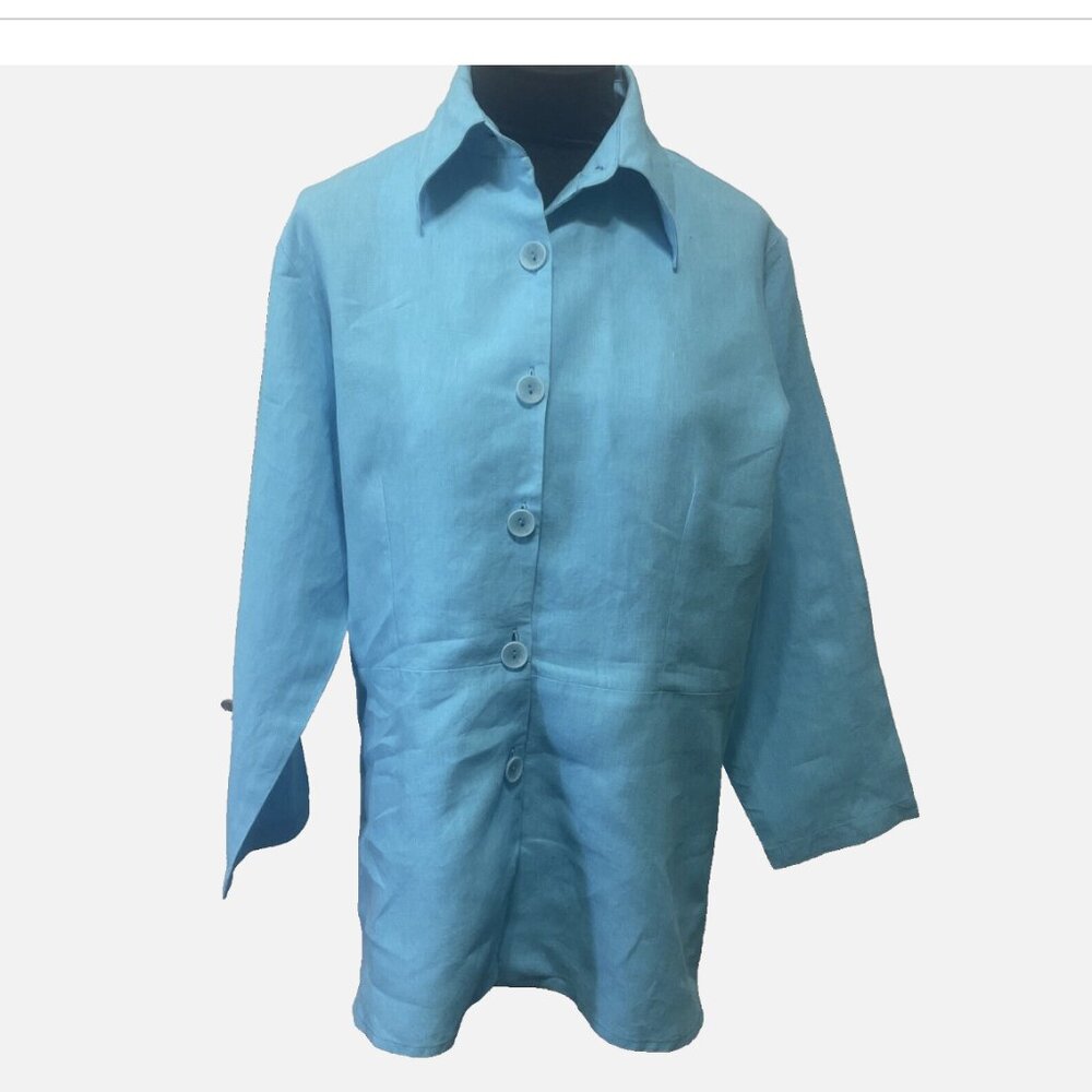 Joanie Char VTG Button Front Shirt Shacket Linen Turquois Collared Womens Sz L